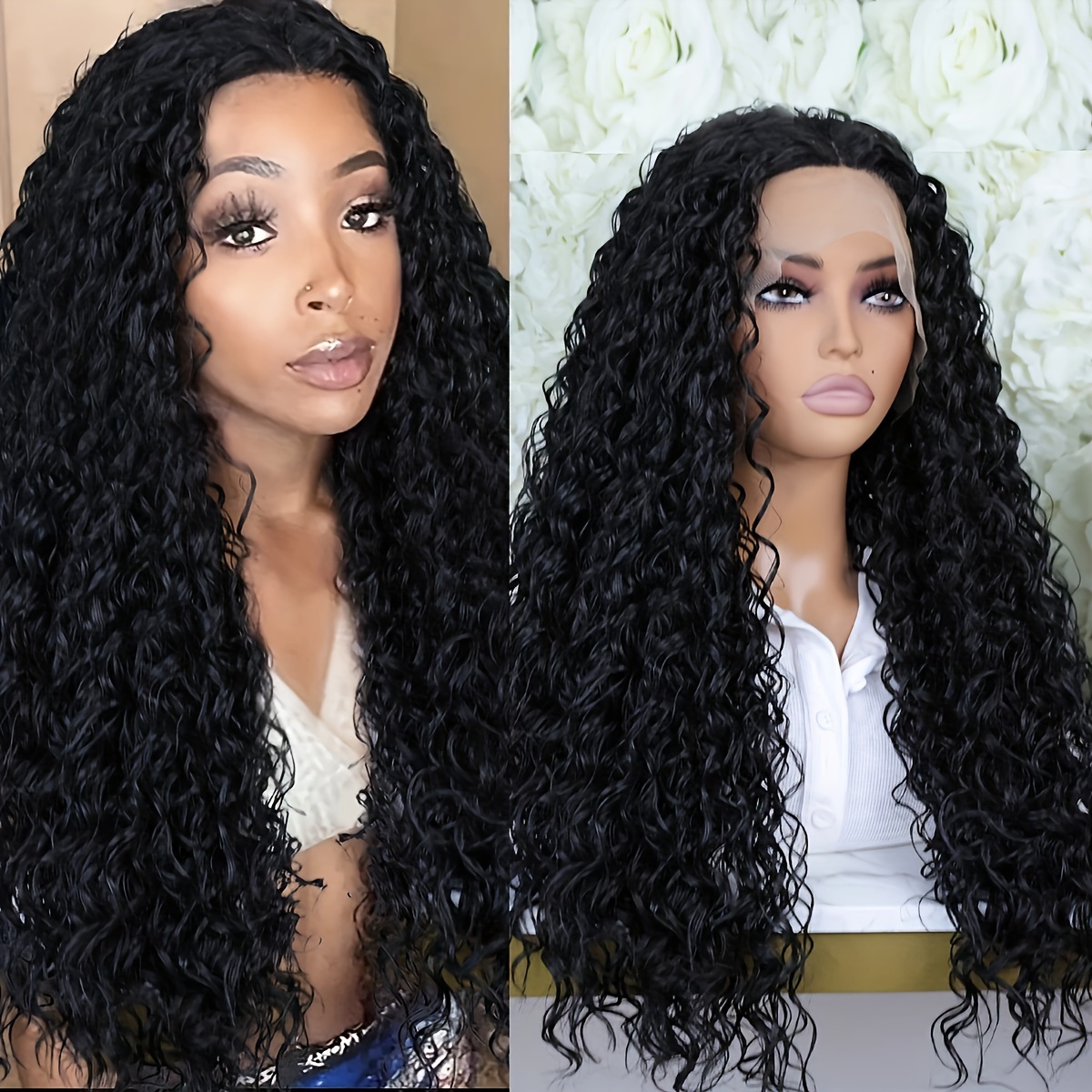 Long Loose Curly Deep Wave Lace Front Wig Heat Resistant Synthetic Middle Part Wig For Women