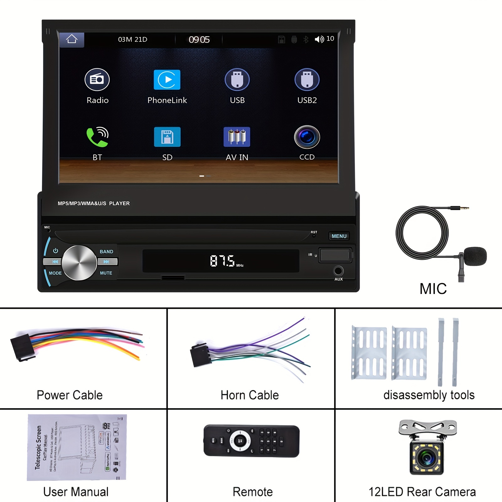 Auto Rádio 1 Din Universal com monitor de 10 GPS Bluetooth