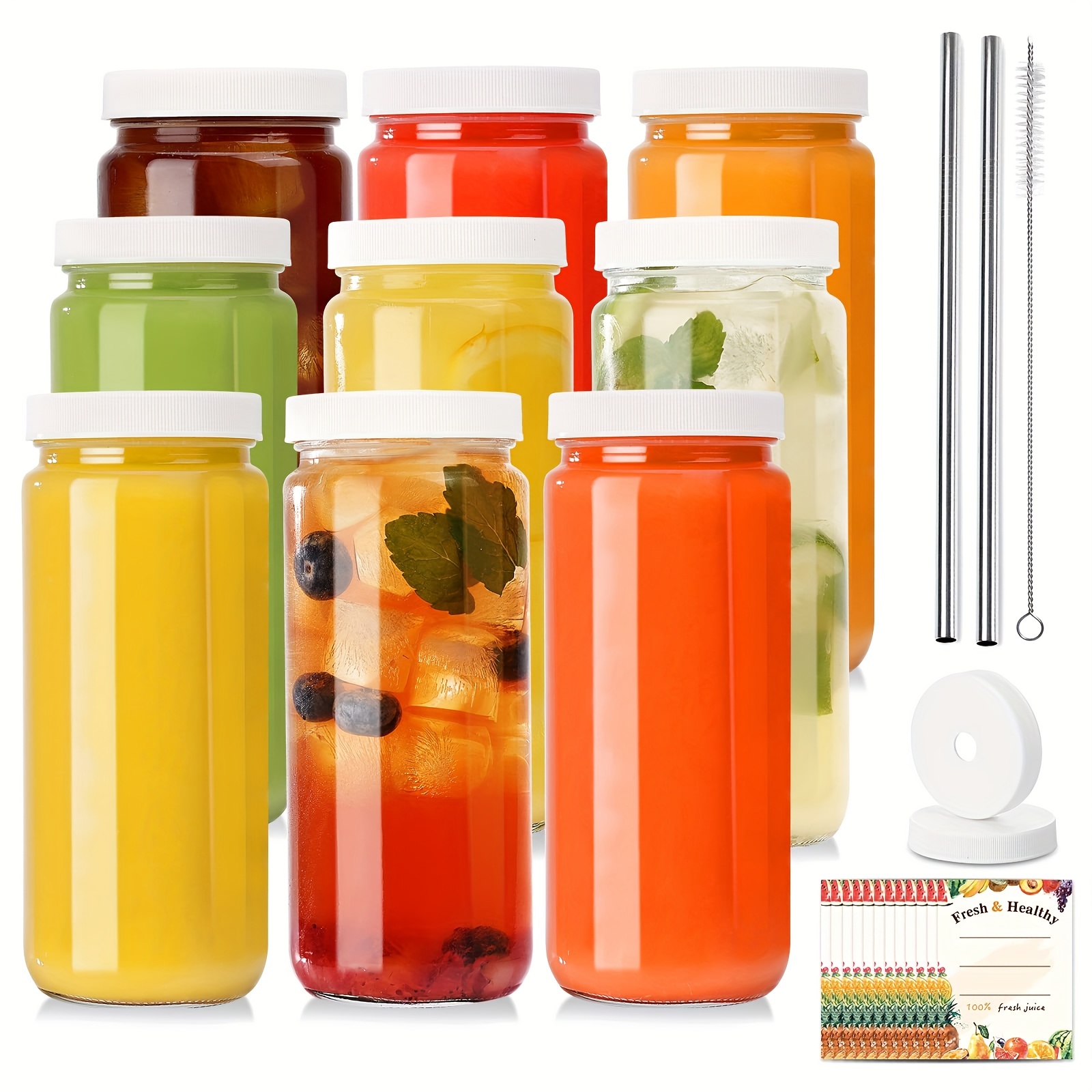 10pcs, Glass Juice Bottles With Lids, Reusable Juice Containers, Drinking  Water Cans With Brushes, Glass Straws, Perforated Lids, Suitable For Milk, T