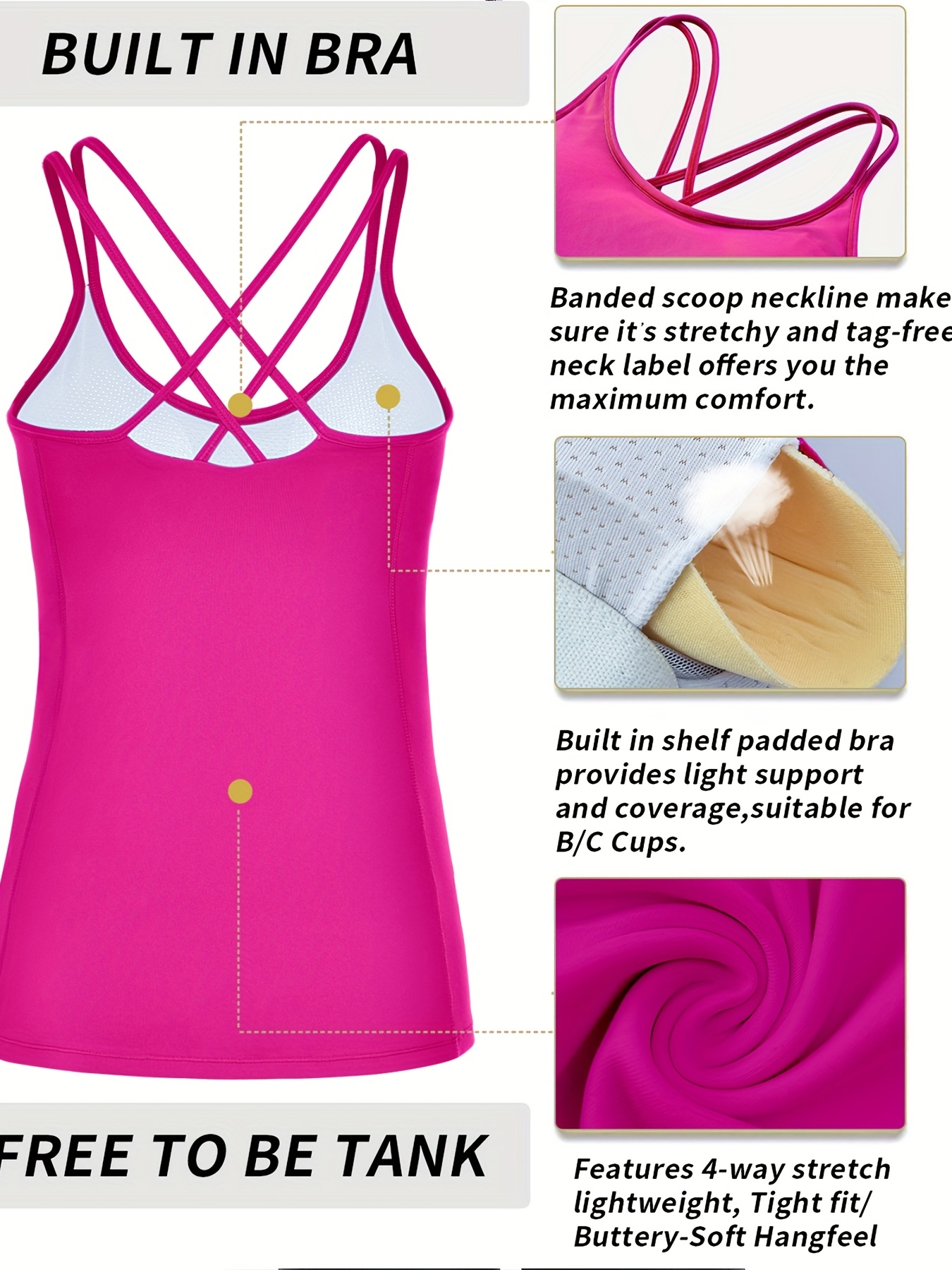 Women's Stretch Cotton Cami Built-in Shelf Bra, Sports Home Camisole  Workout Shirts Activewear, Purple, L 