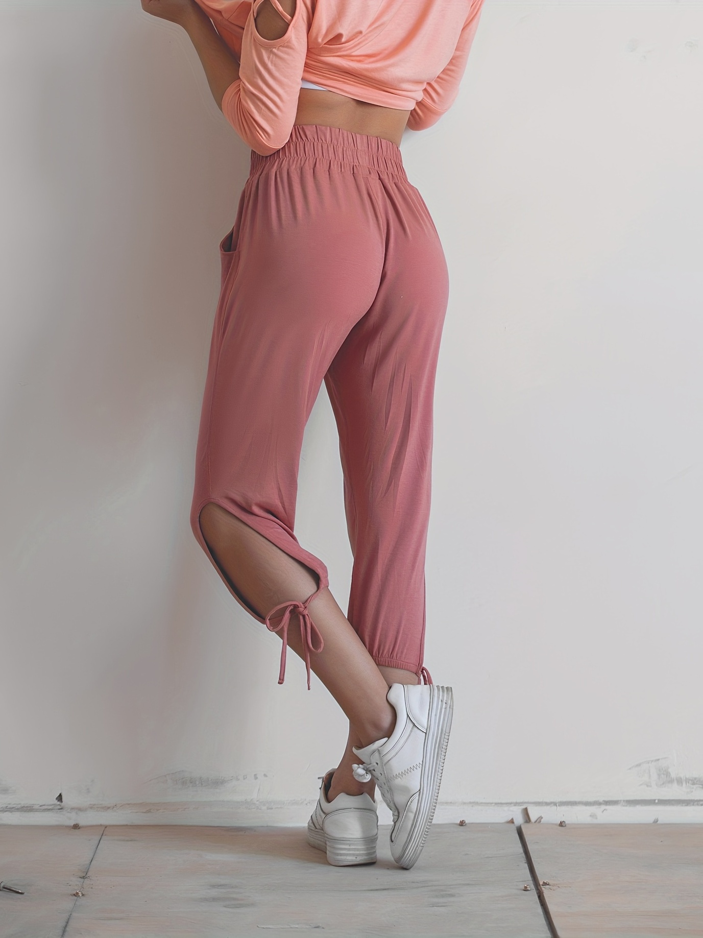 Women's Casual Pants: Loose Coral Pockets Capri Pants with Drawstring Tie  Side & Hollow Out for Yoga & Sports - Perfect for Any Occasion!