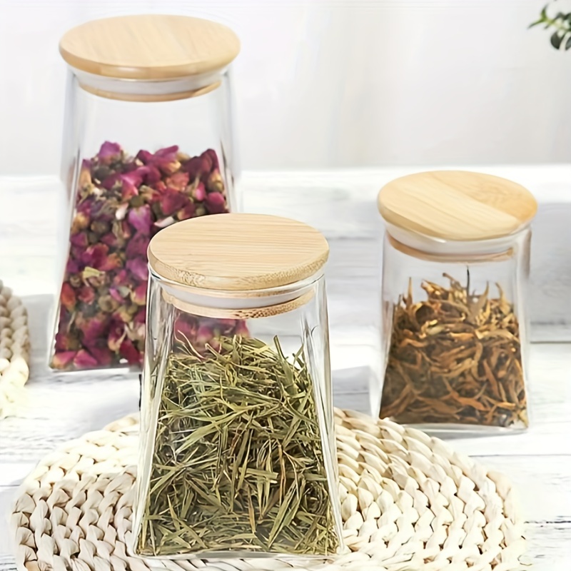 Glass Food Storage Jars with Bamboo Lids, Clear Square Airtight
