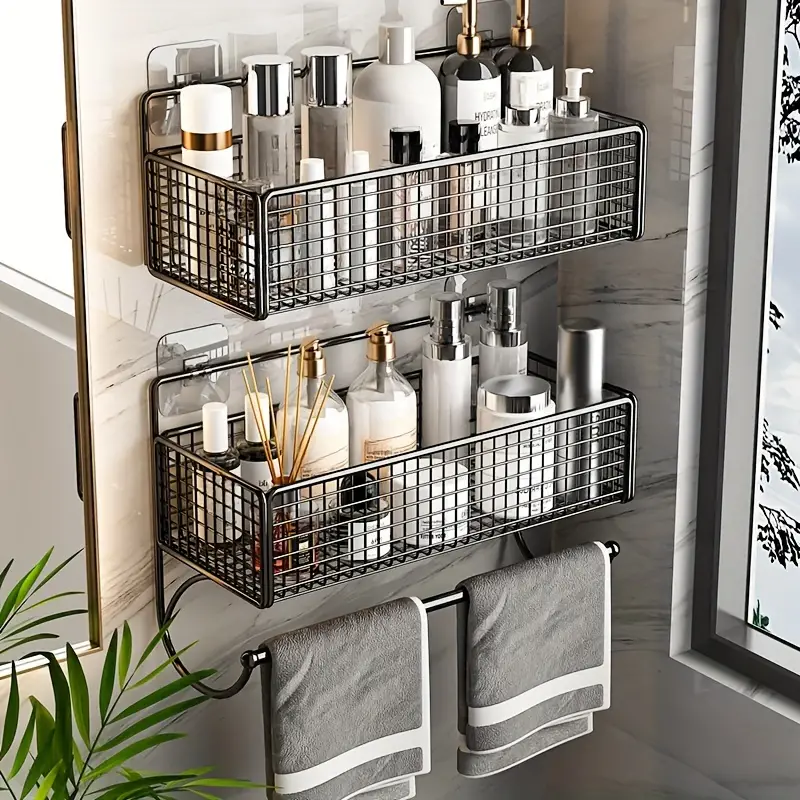Bathroom Shelf Shower Caddy Organizer Wall Mount Shampoo Rack With Towel Bar