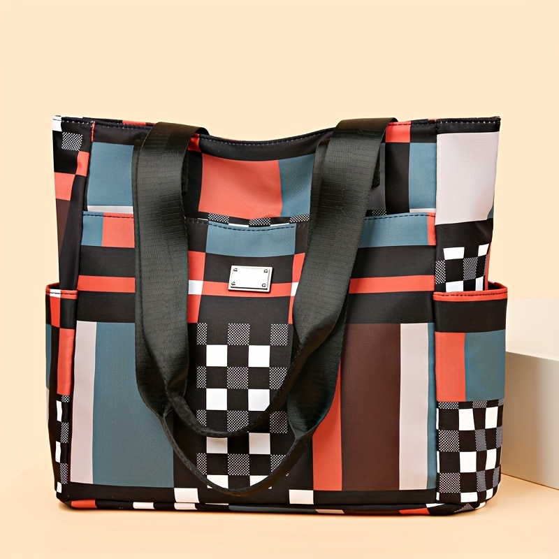 

Checkered Pattern Tote Bag, Trendy Colorblock Shoulder Bag, Casual Large Capacity Handbag For Work, Shopping