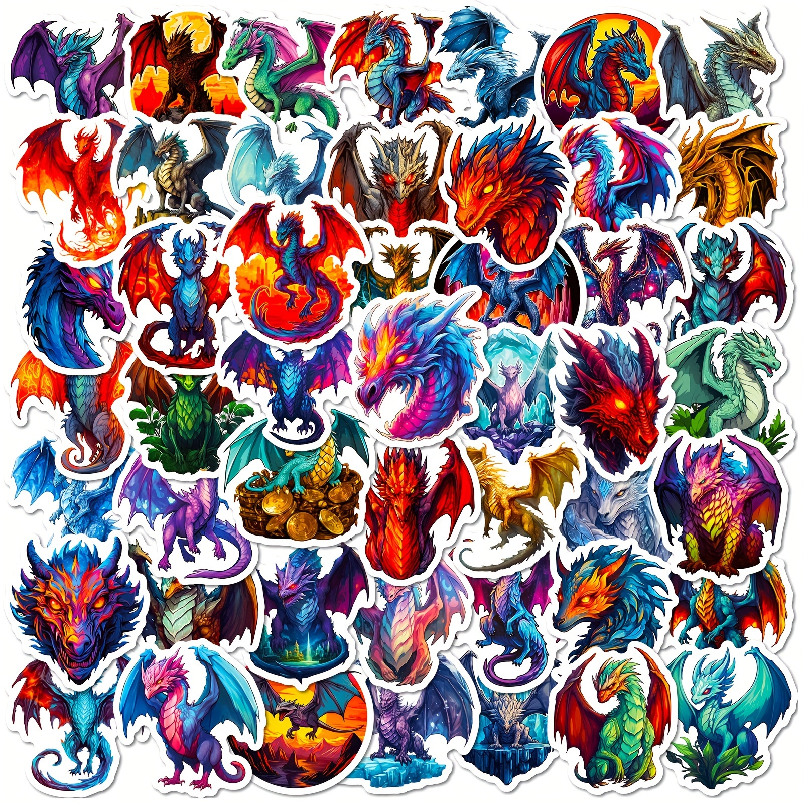 50 Dragon Stickers Pack, Fantasy Dinosaur Waterproof Vinyl Decals