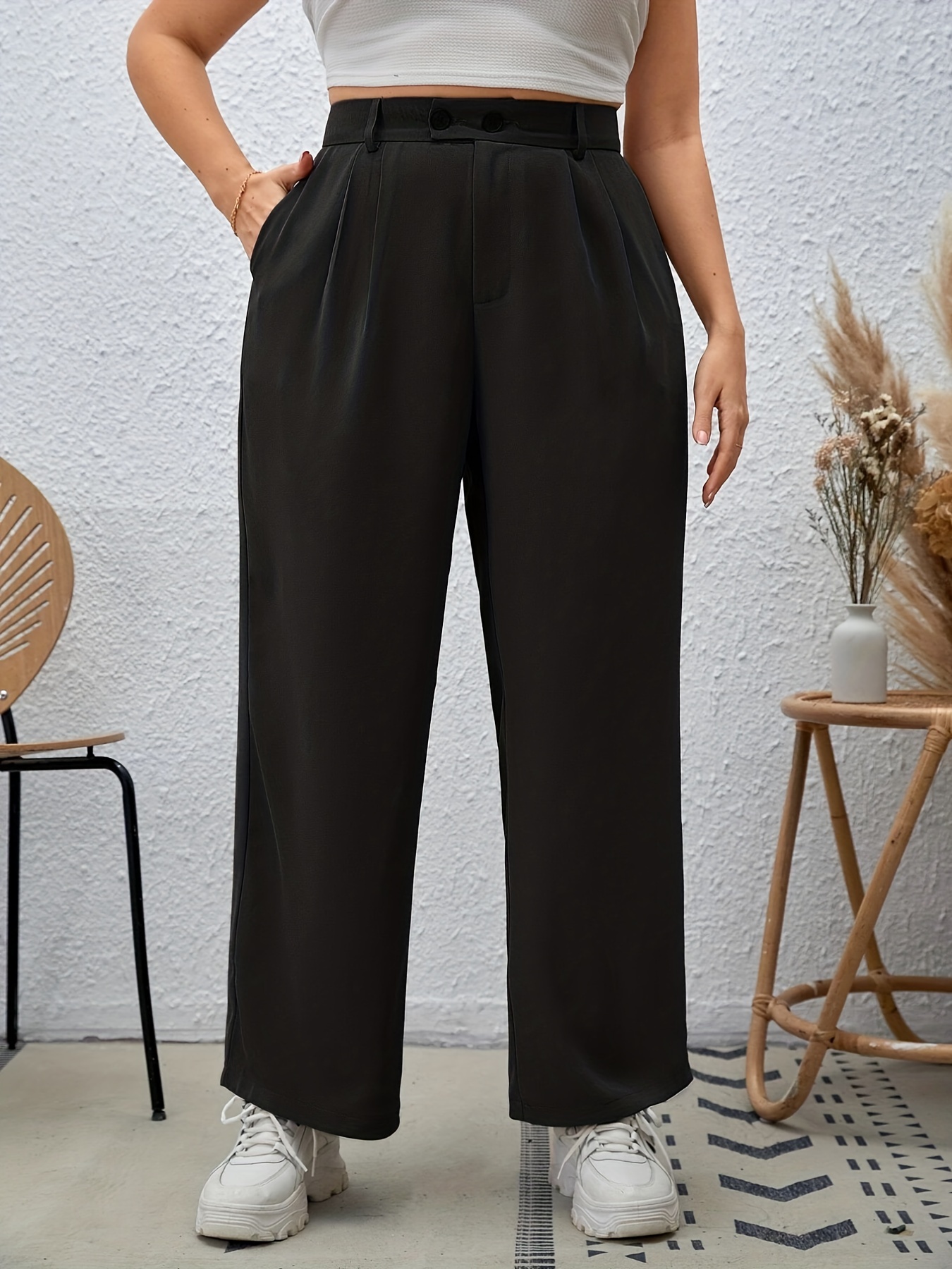 Plus Size Casual Pants Women's Plus Solid High Waist Wide - Temu