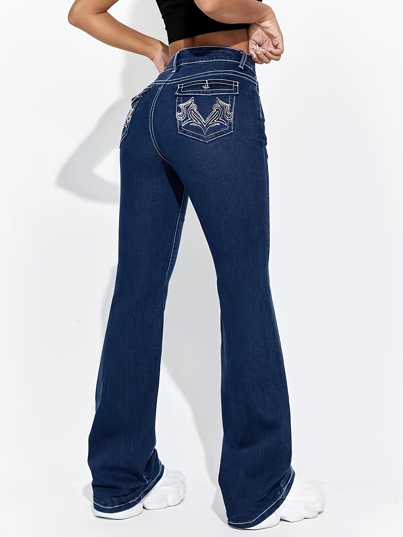 Blue Embroidered Pockets Bootcut Jeans stretch Slim Fit - Temu Canada