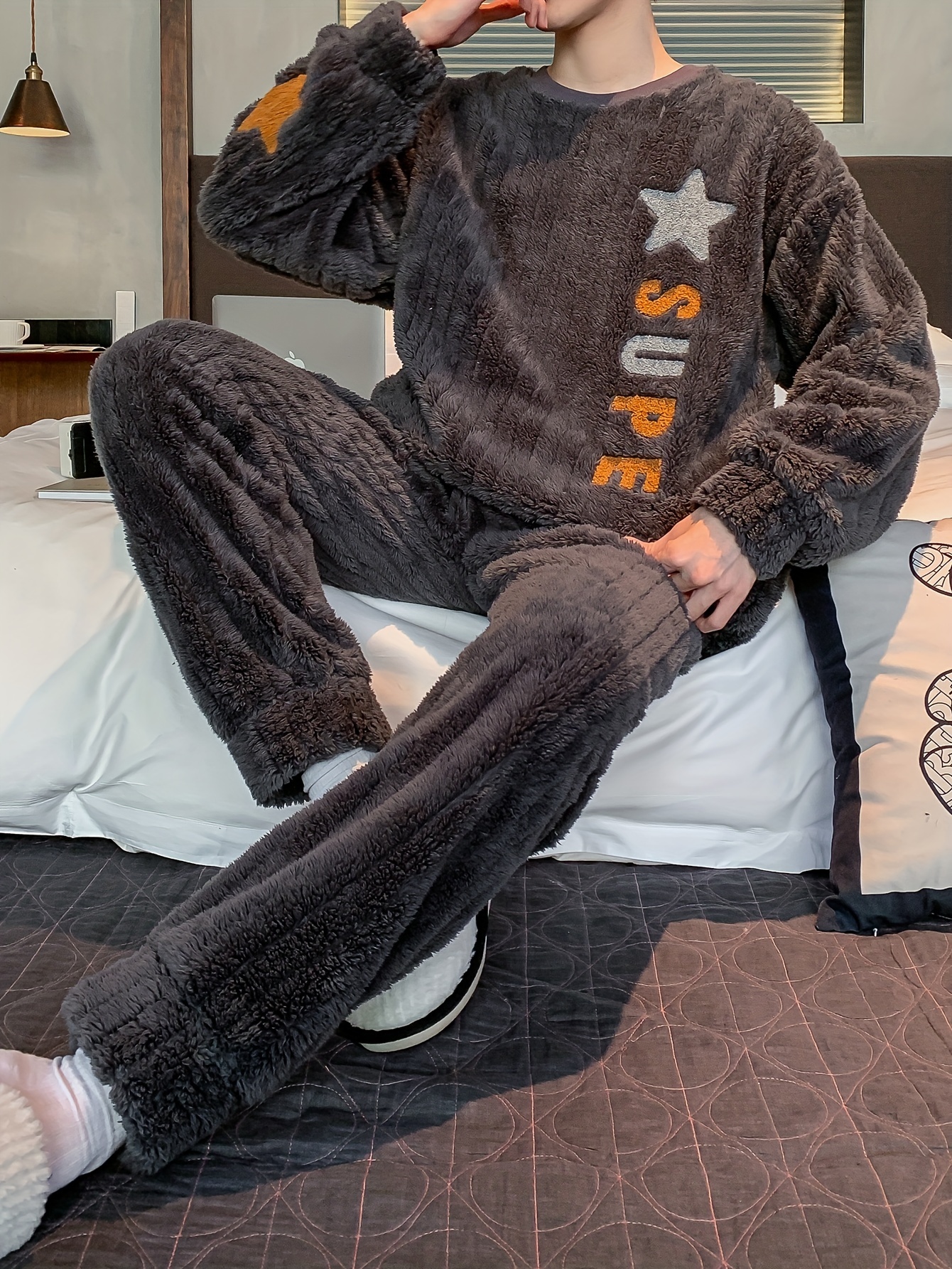 Casual Striped Crew Neck Pajamas Sets Warm Fuzzy Lounge - Temu