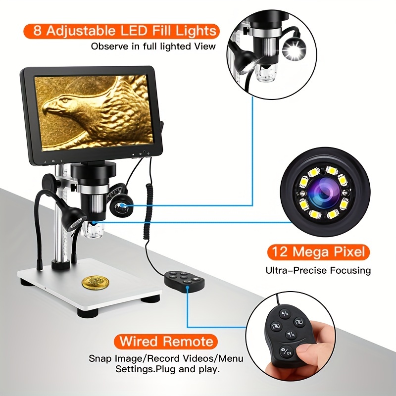 Leipan DM9H HDMI Coin Microscope with 7 IPS Screen,1200X Magnification  Soldering Microscope,Longer 8.5 Stand,Digital Microscope with 32GB