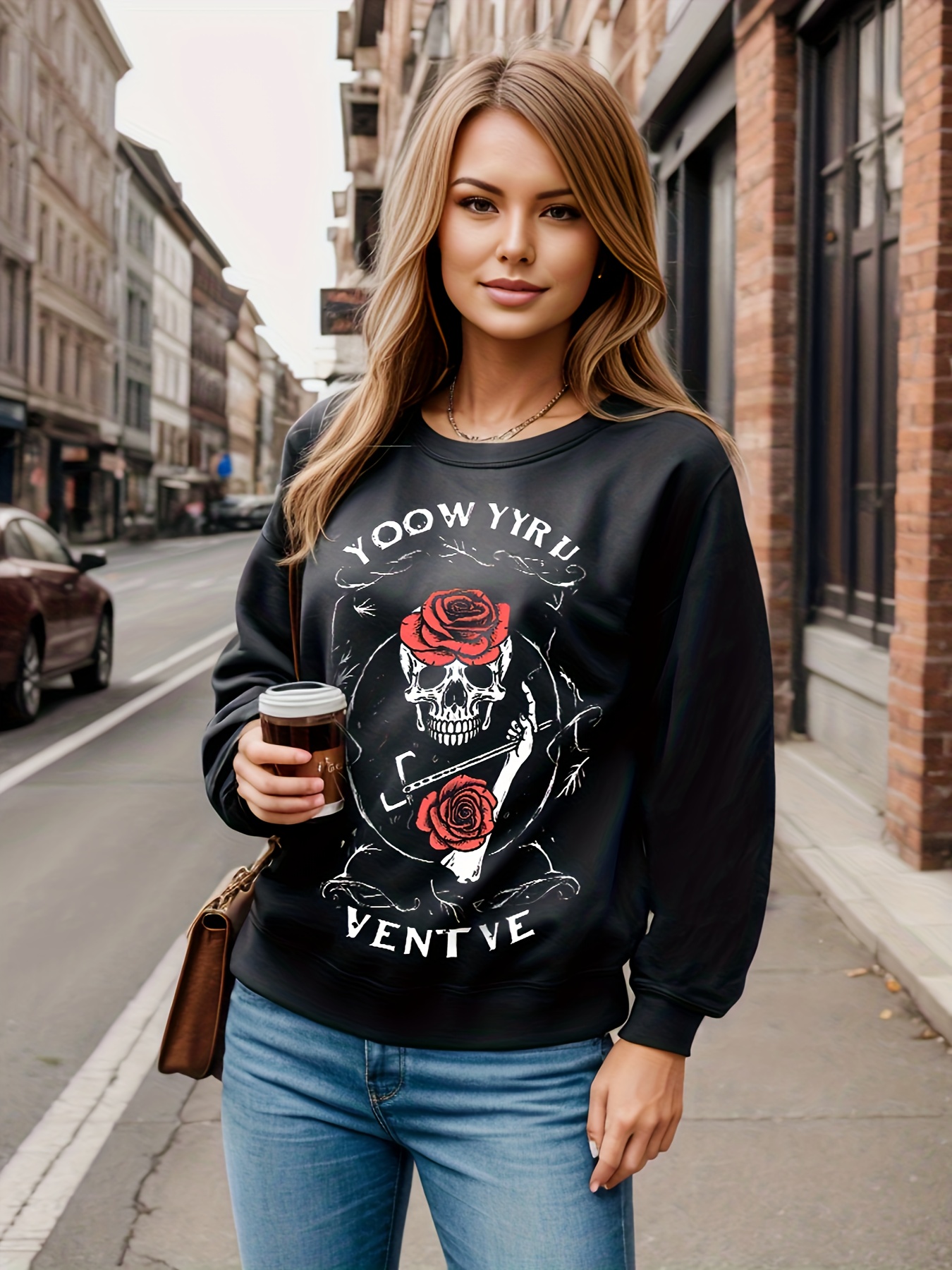 Halloween Skull Graphic Sports Sweatshirt. Long Sleeve Crew Neck Pullover  Sweatshirt, Women's Sporty Sweatshirts - Temu