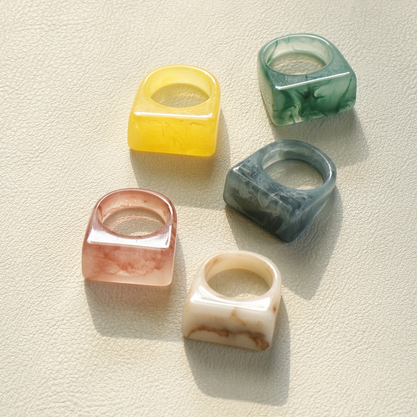 5pc Trapezoidal Multicolor Cute Girly Resin Ring Set