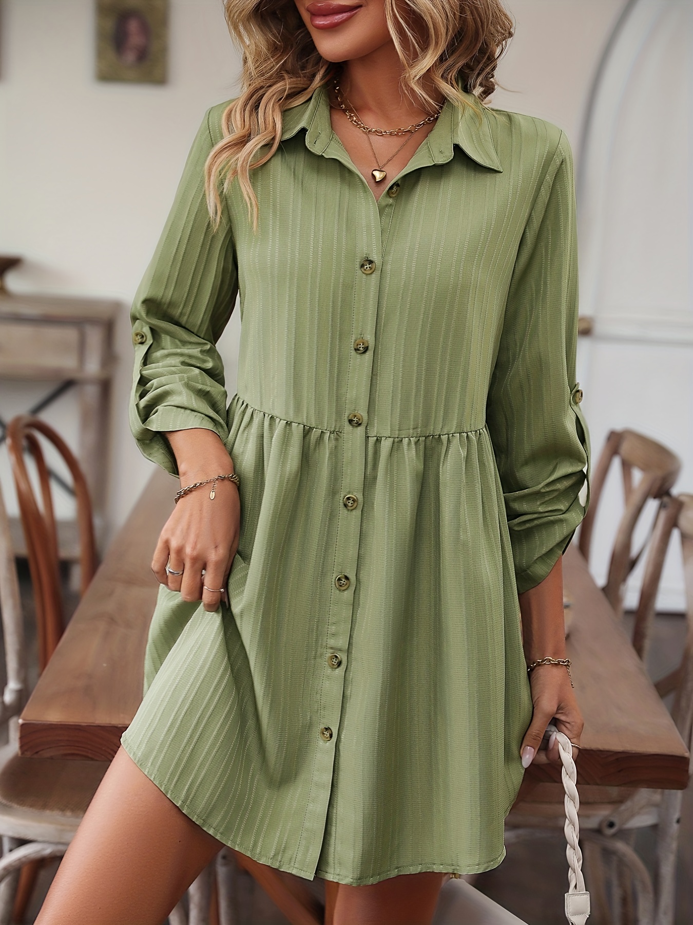Solid Roll Up Sleeve Shirt, Women's Long Length Button Front Collar Casual Sleeve Loose Work Women's Clothing Shirt,Chic, Breathable,Temu
