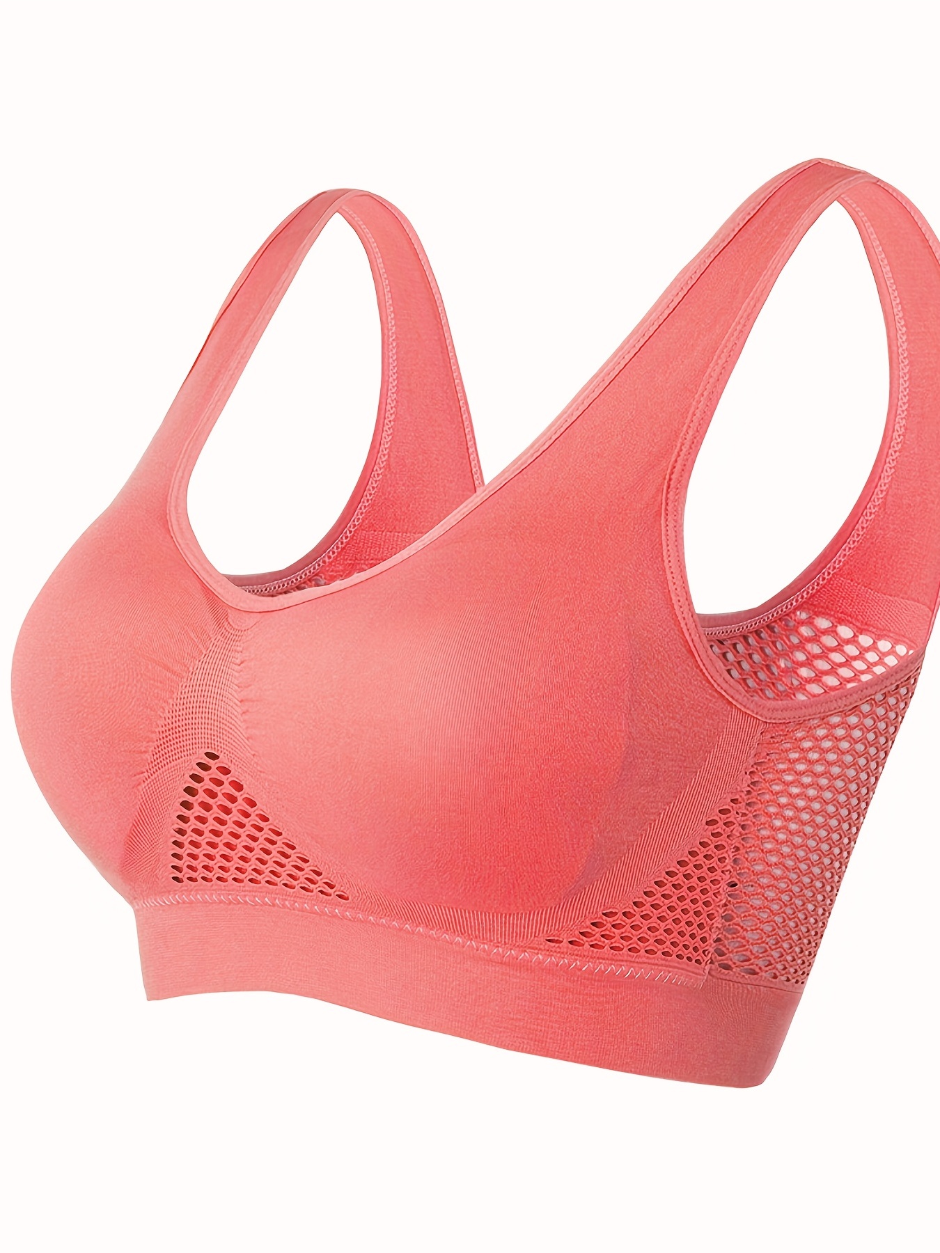 Solid Color Mesh Stitching Wire free Sports Bra Stretchy - Temu Canada