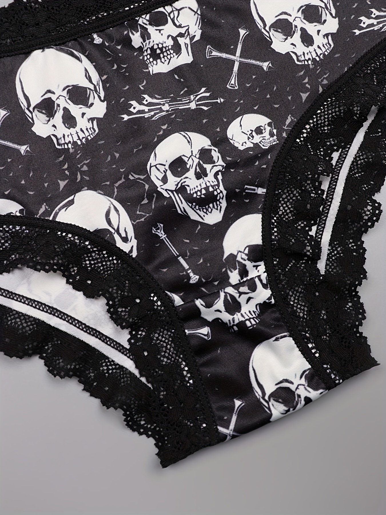  Womens 3 Pack Skull Graphic Print Lace Trim Underwear Panty  Set Black Plus 3XL