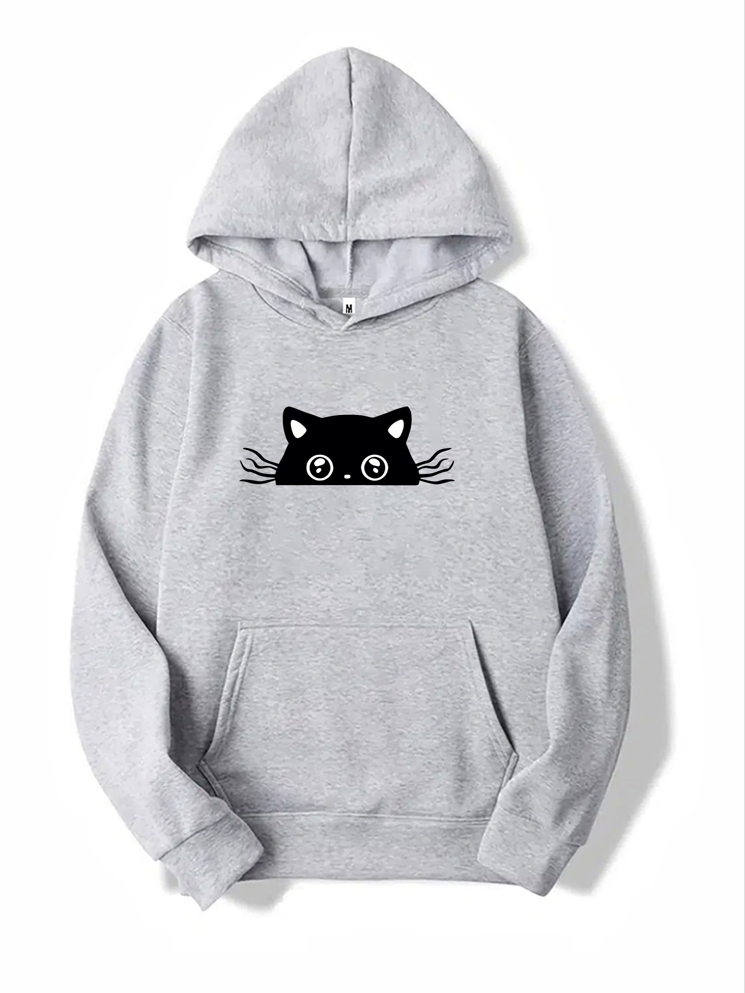 Cute Cat Print Thermal Hoodie Casual Kangaroo Pocket Long - Temu