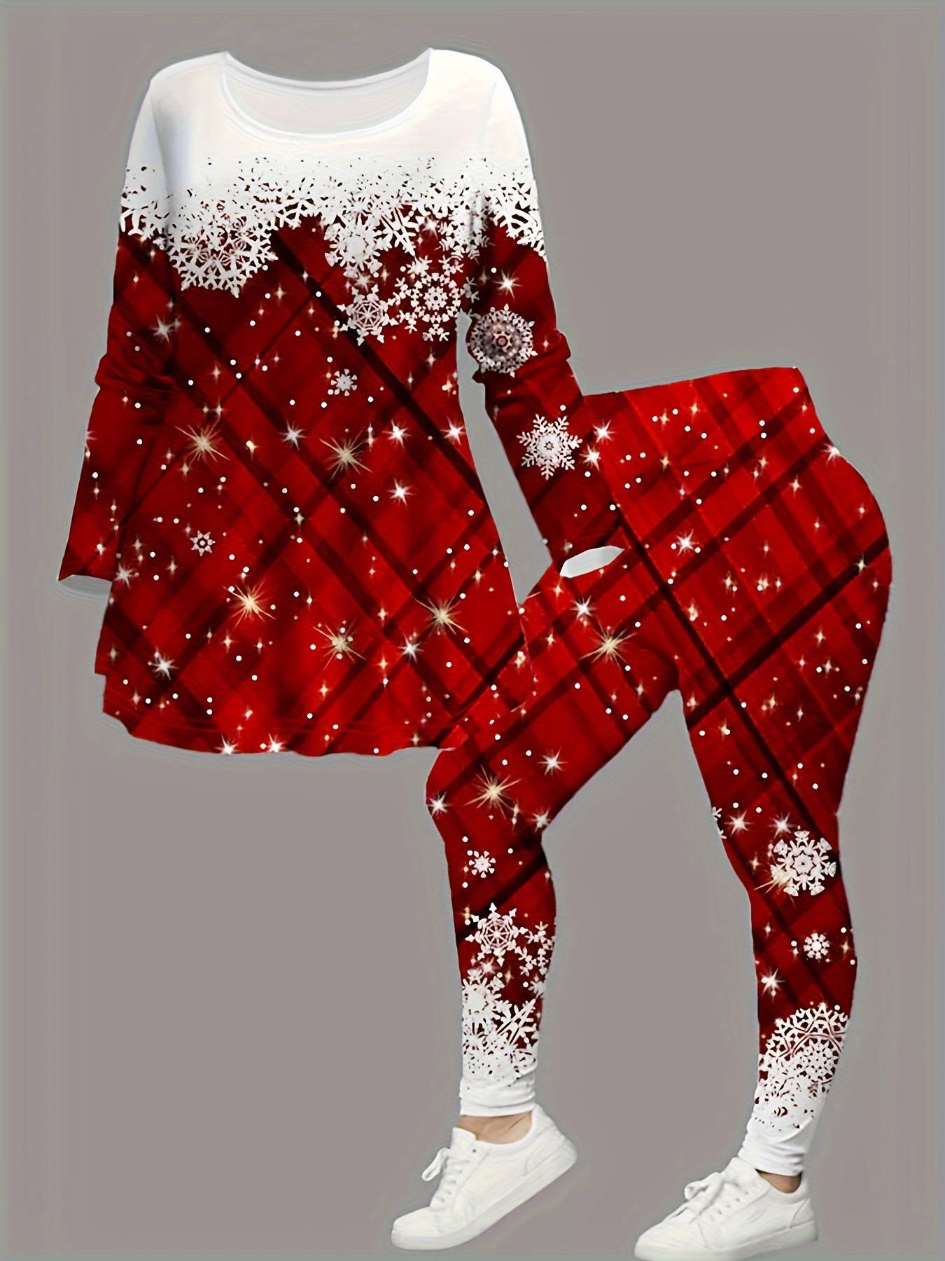 Plus Size Christmas Outfits Set Women's Plus Plaid Snowflake - Temu