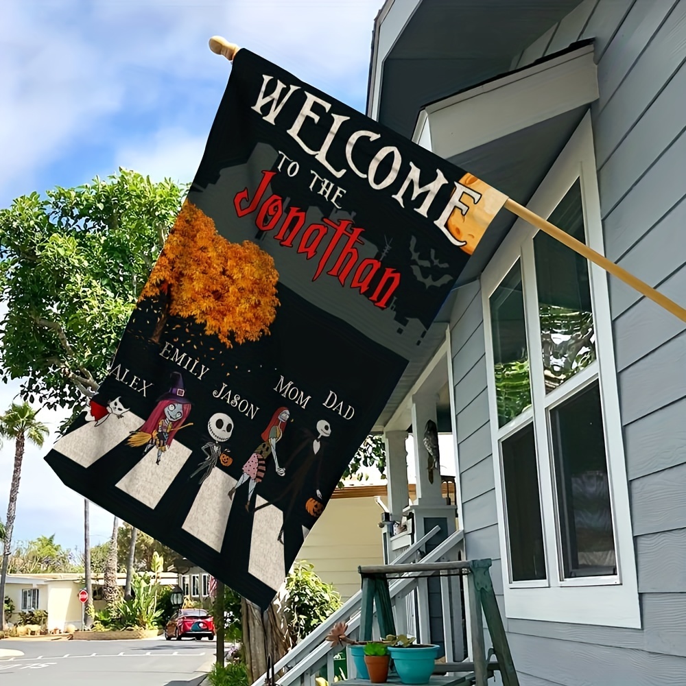 1pc 12x18 Inch Welcome To Our Nightmare Family Horror D￩cor Halloween Flag Sign Vertical Jack Sally Garden Flag House Flag For Yard Farmhouse Outdoor No Metal Brace details 3