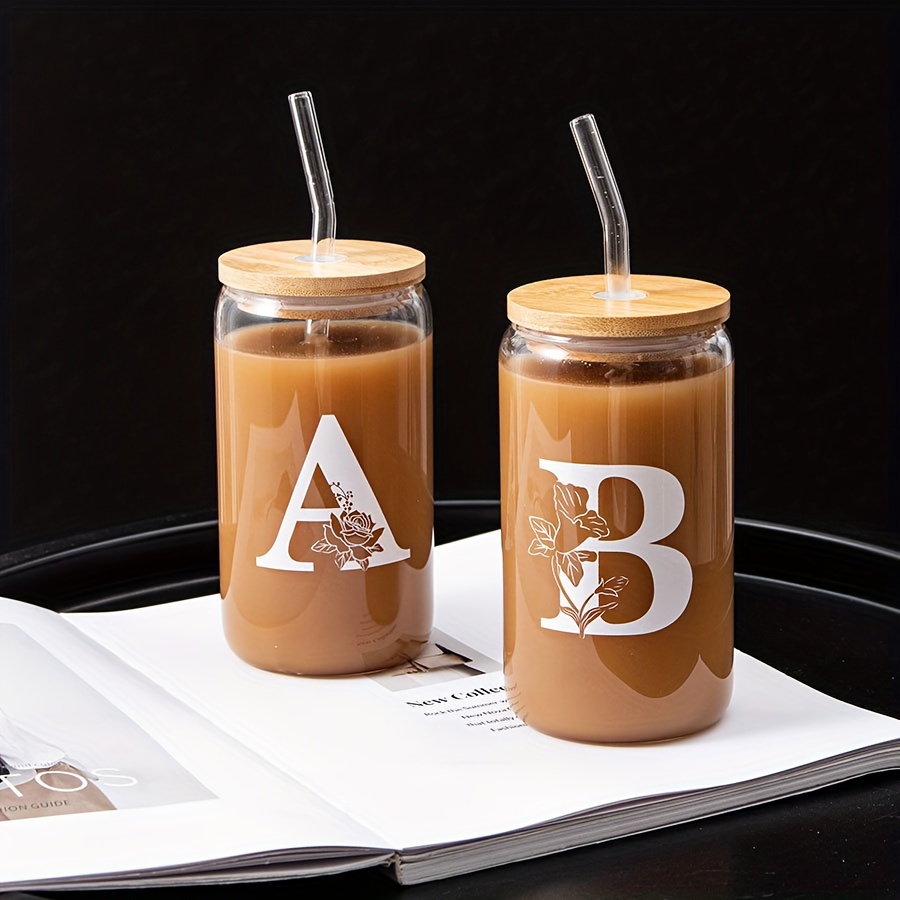 Ice Coffee Cup Bamboo Lid Glass Straw A B C D Letters - Temu