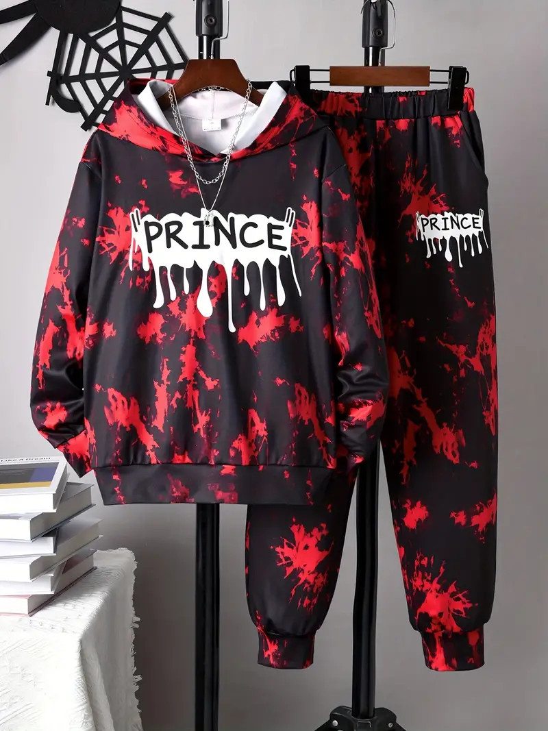 Boy's Tie Dye Outfit Prince Print Hoodie Sweatpants Set - Temu