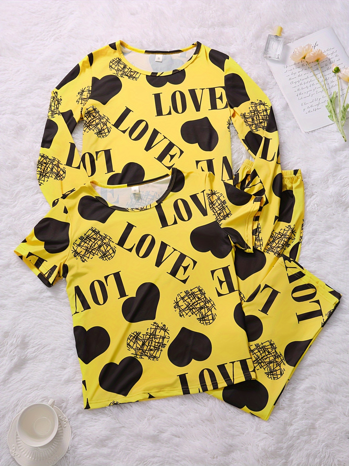 Heart Letter Print Pajama Set Long Sleeve Crew Neck Top - Temu Israel
