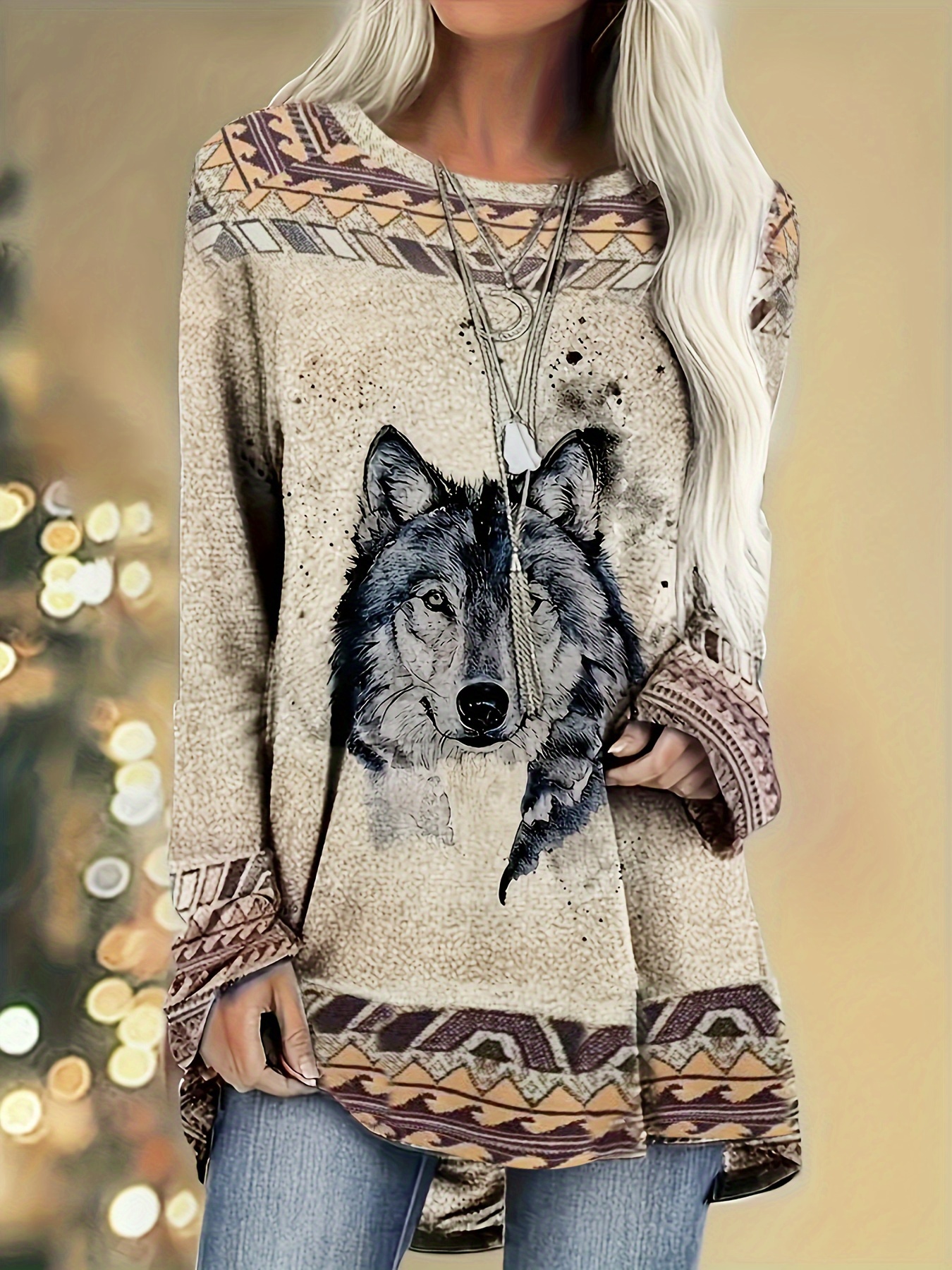 Plus Size Casual Sweatshirt, Women's Plus Tribal & Wolf Print Long Sleeve  Crew Neck High Stretch Pullover Sweatshirt, Casual Tops For Fall & Winter,