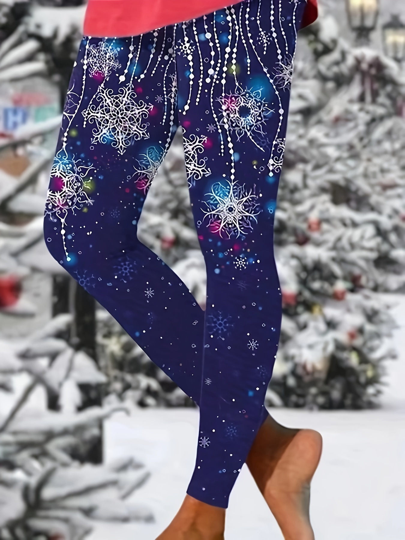 Snowflake Print Leggings High Waist Casual Leggings Women's - Temu