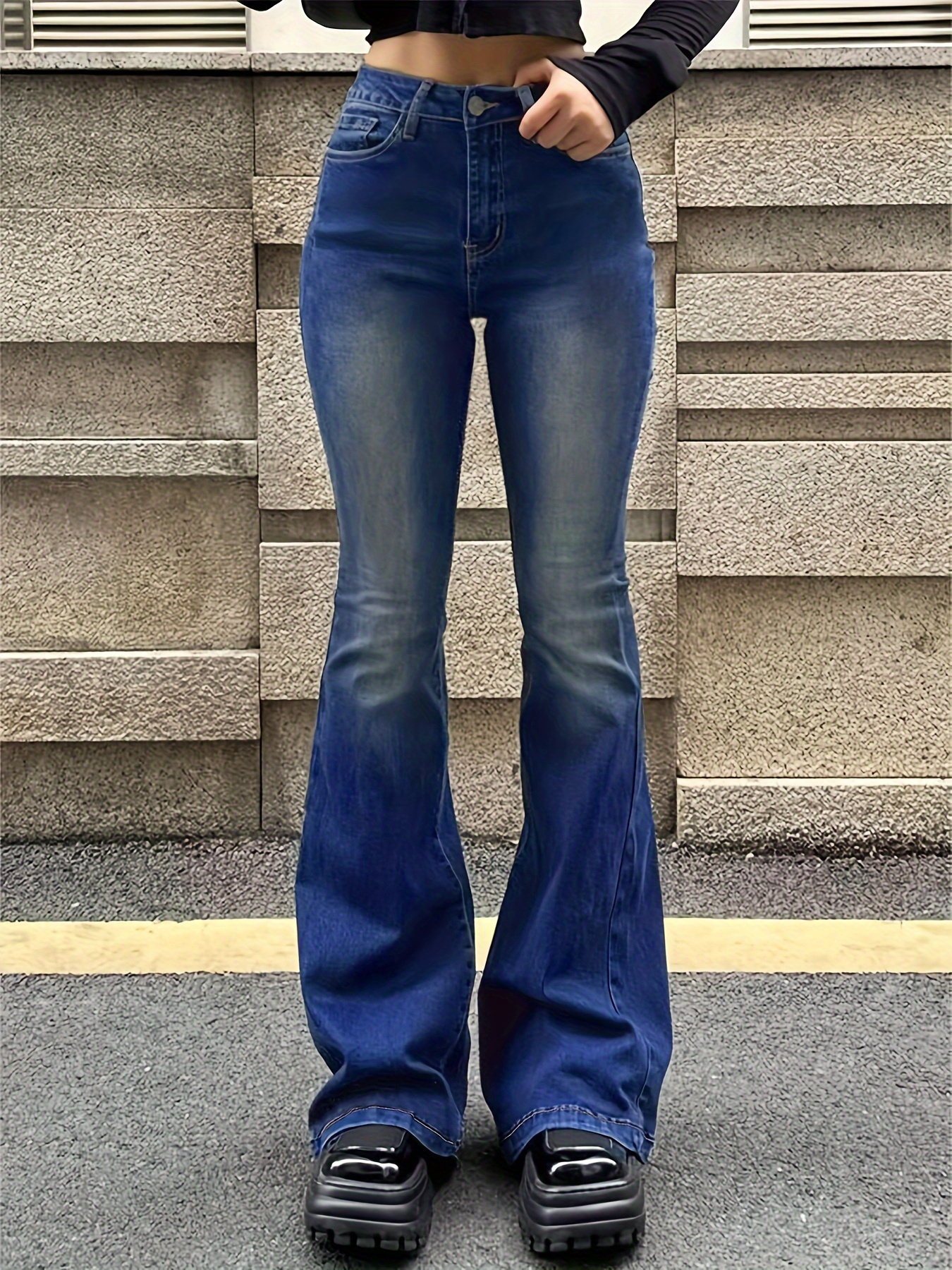 Plain Washed Retro Flare Jeans Slim Fit High Stretch Slant - Temu  Philippines