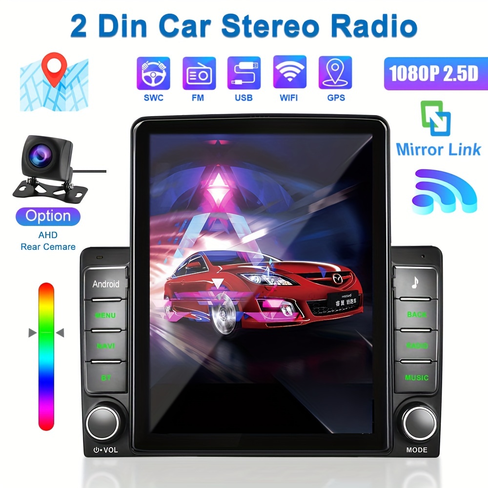 Android Double Din GPS Navigation Car Stereo, 9.7'' Vertical Touch Screen  2.5D Tempered Glass Mirror Bluetooth Car Radio with Backup Camera