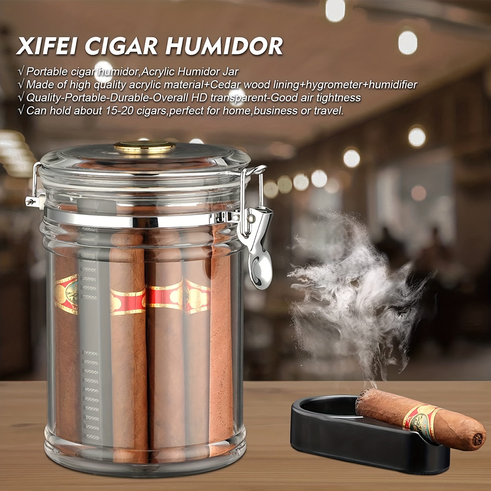 Boite à tabac et cigares en acrylique avec hygromètre et humidificateur