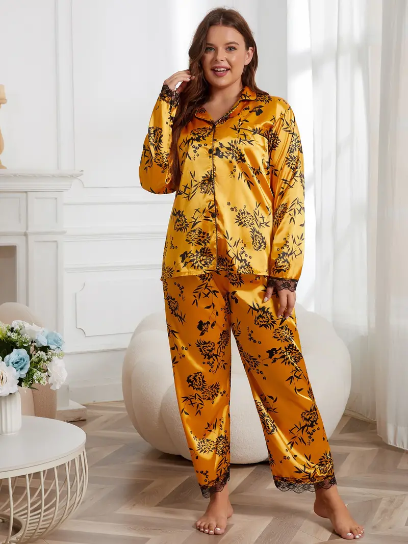Plus Size Elegant Pajama Set, Women's Plus Silk Satin Floral Print Contrast  Lace Trim Long Sleeve Button Up Shirt & Pants Lounge Two Piece Set