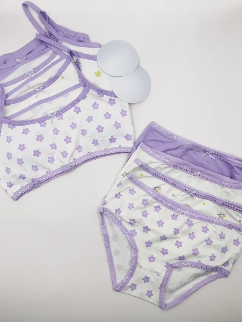4 Sets Of Purple Girls Lingerie & Briefs With Detachable Chest Pads,  Breathable And Comfortable Underwear For 8-14 Years All Seasons