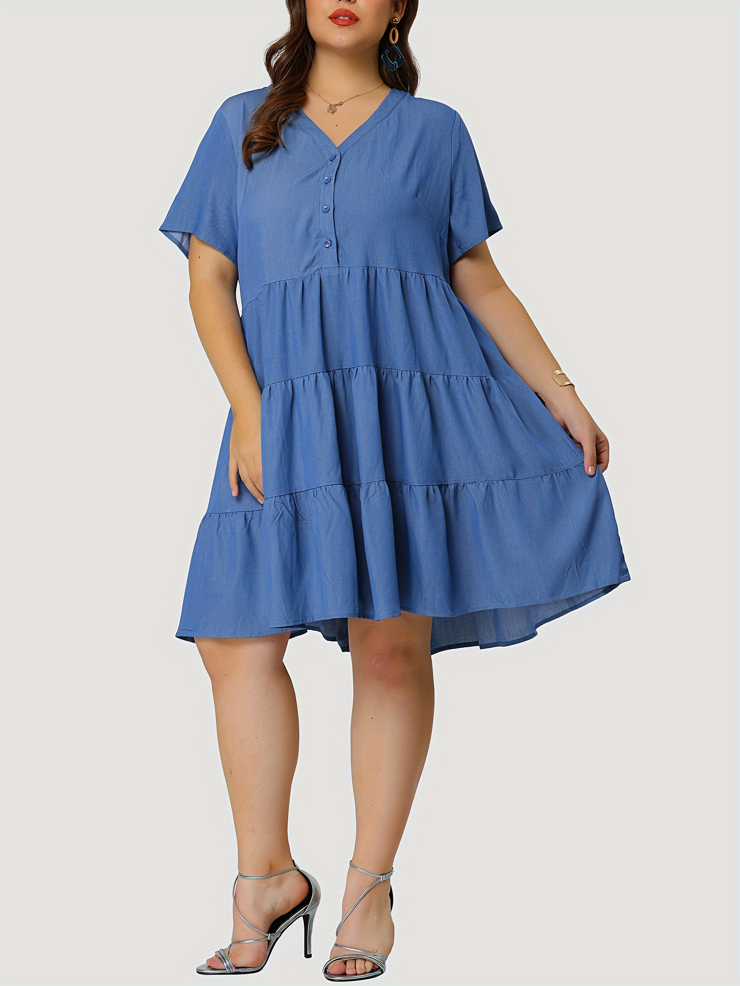 womens denim dress plus size plain washed blue layered ruffled v neck short sleeve single breasted denim dress