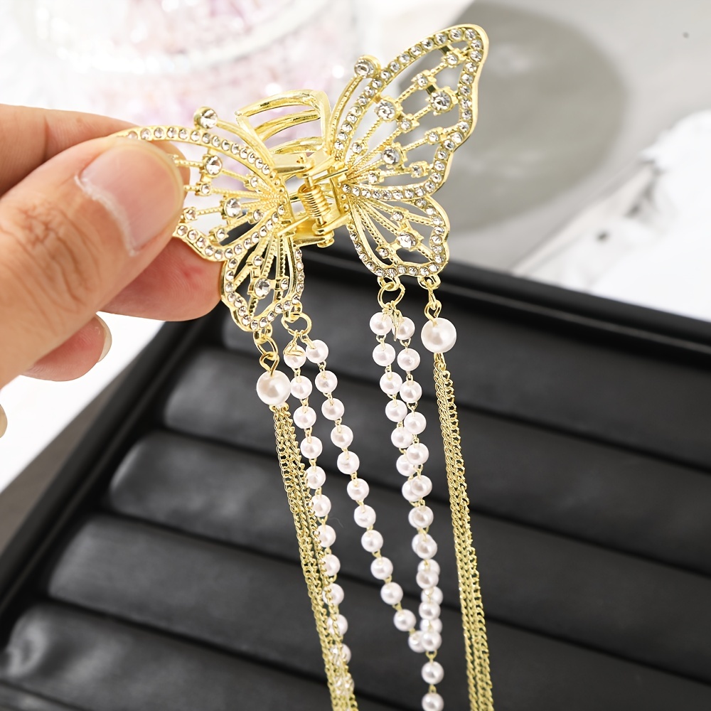 Rhinestone Butterfly Hair Claw With Tassel - Elegant Metal Enamel Flower  Hair Clips For Women's Hair Accessories - Temu