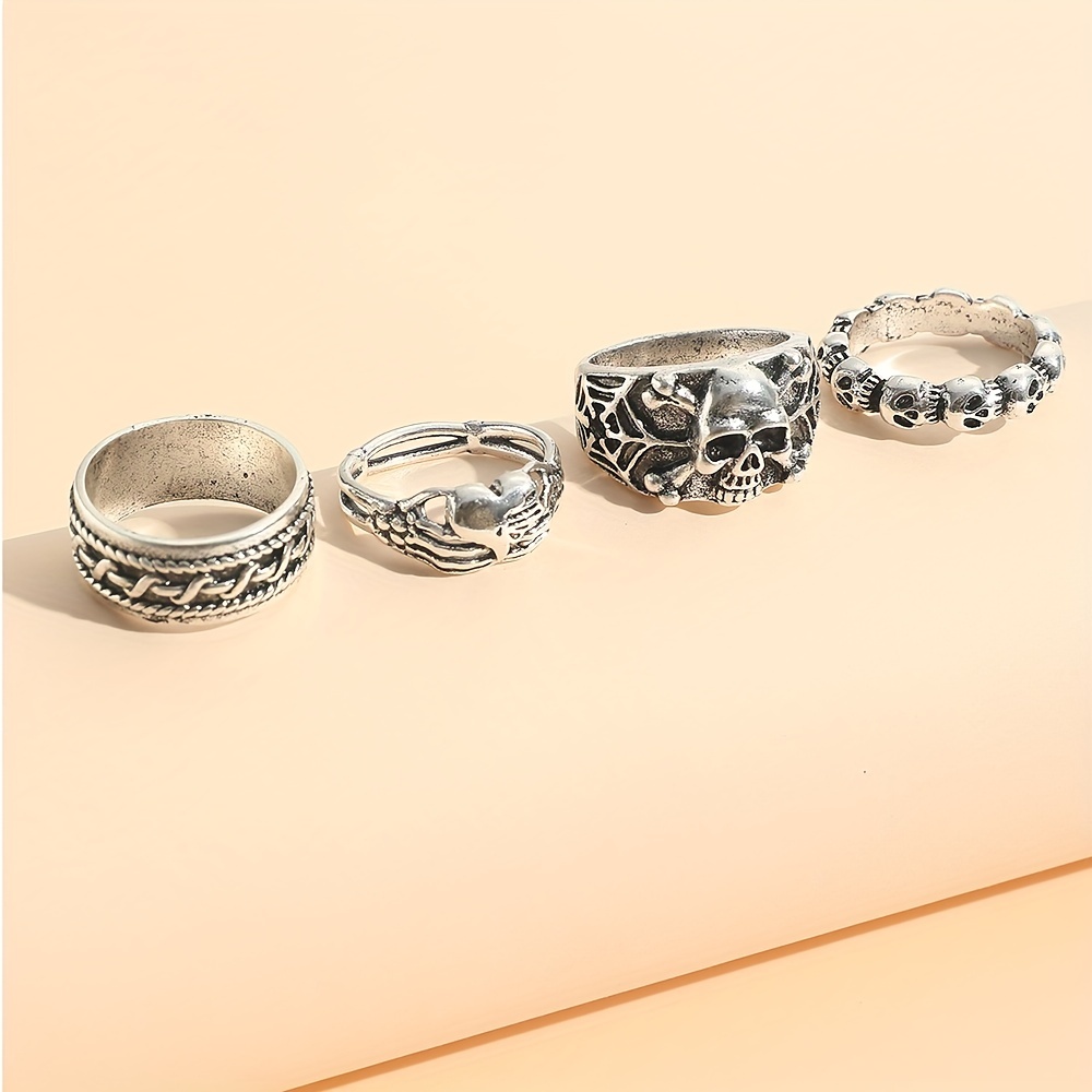 Hip Hop Style Skull Finger Ring Set, 4 Pcs