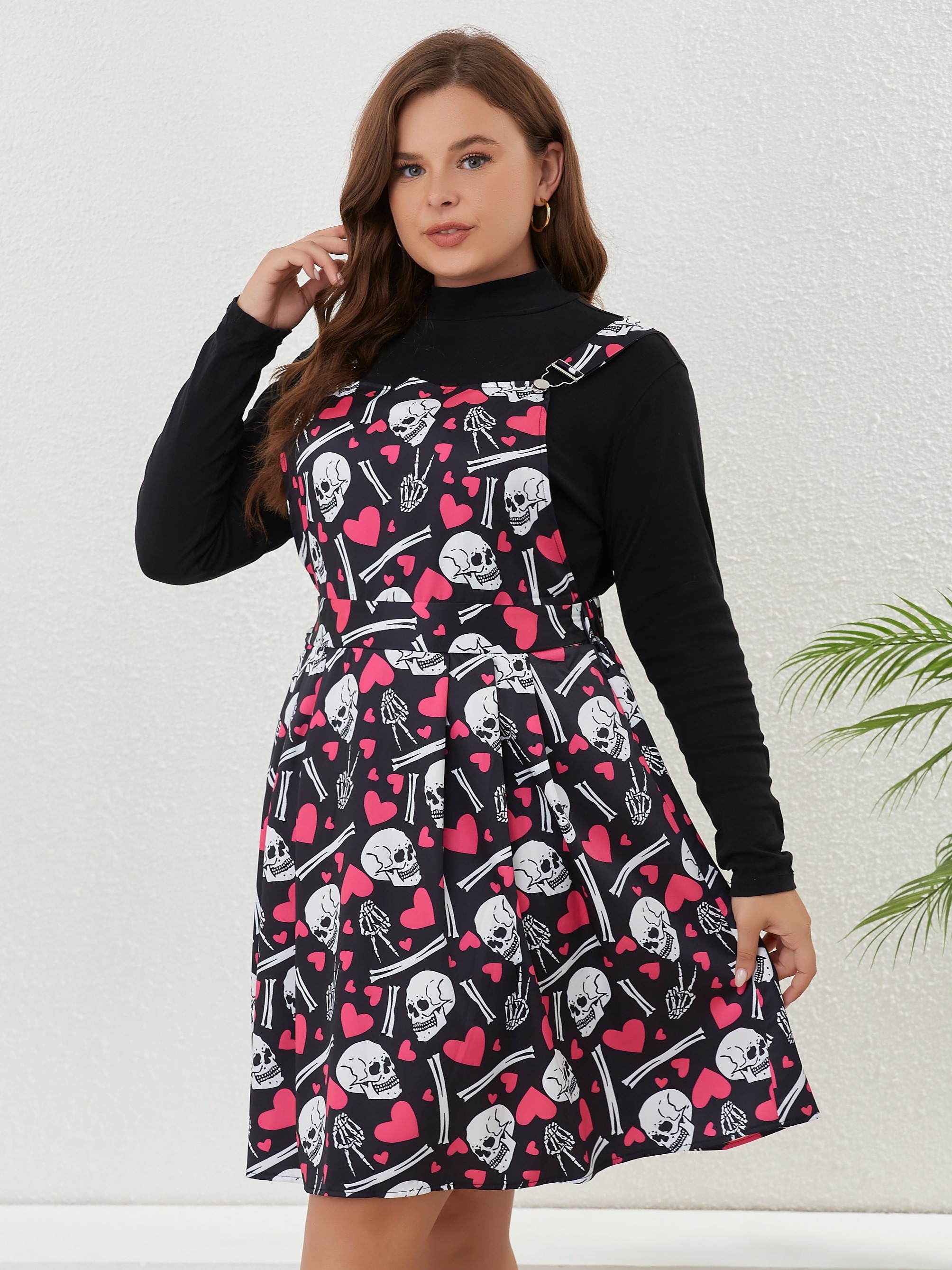 Plus Size Halloween Gothic Dress, Women's Plus Skull & Heart Print Square  Neck Overall Dress