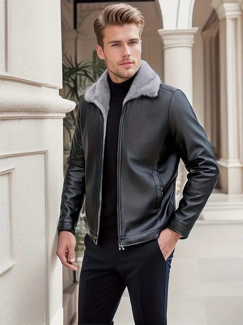 Warm Fleece PU Jacket, Men's Casual Solid Color Zip Up Lapel Faux Leather  Jacket For Fall Winter