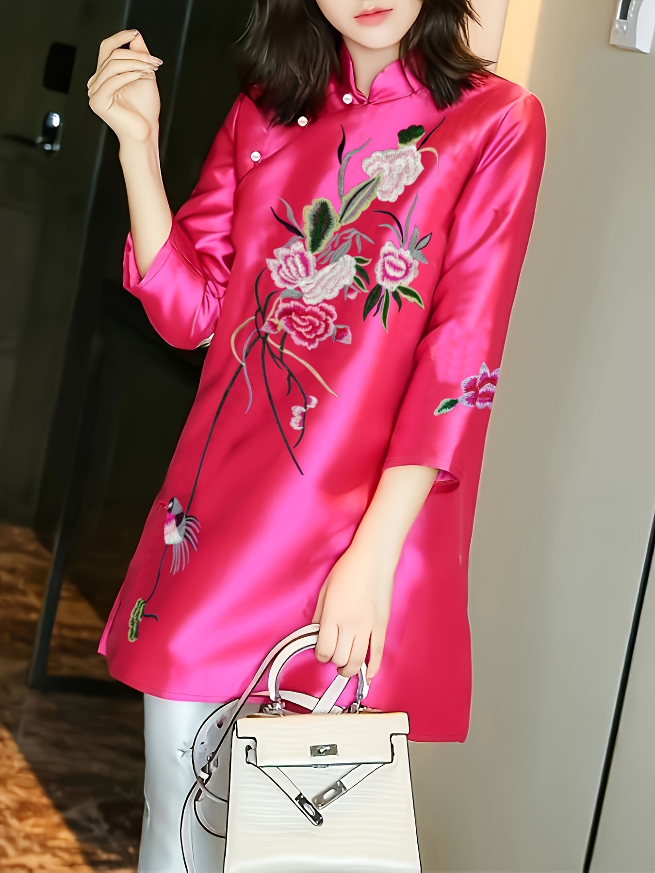 Embroidered Cheongsam Tang Suit Mandarin Collar Long - Temu
