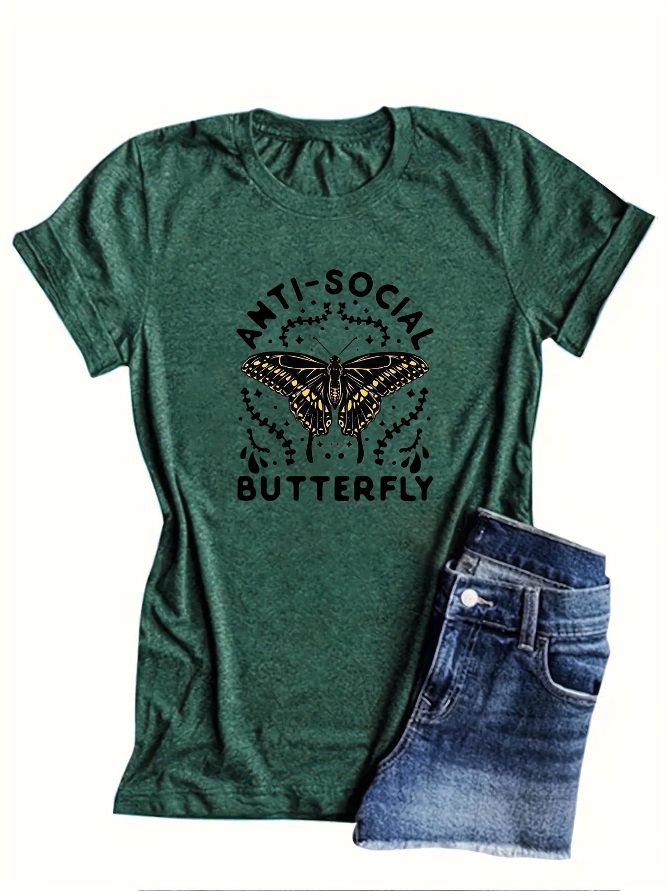 Plus Size Butterfly Print T-shirt, Short Sleeve Crew Neck Casual Top For Spring & Summer, Women's Plus Size Clothing