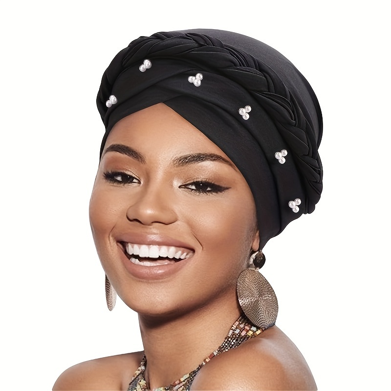 TEMU Gorro de pañuelo trenzado a con perlas y diamantes, pañuelo para la cabeza estilo africano, gorro para el cuidado del cabello