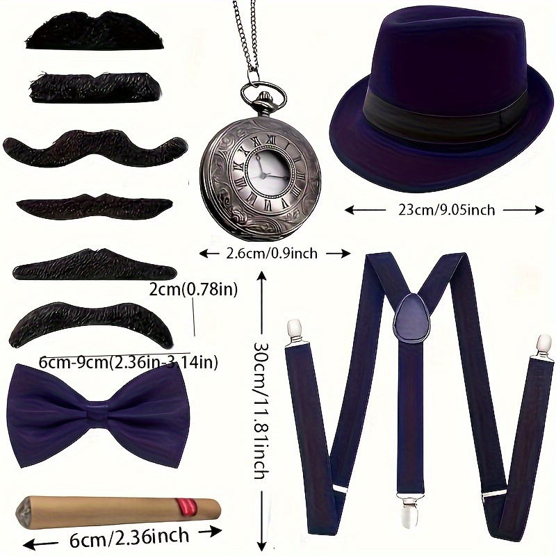 1set 1920s Elegant Vintage Cool Costume Props Blue Style Elastic Adjustable  Panama Hat Pocket Watch Suspenders Bow Tie Mustaches Cigarette Pipe  Halloween Cosplay Photo Props Larp Party Supplies Stage Performance  Accessories