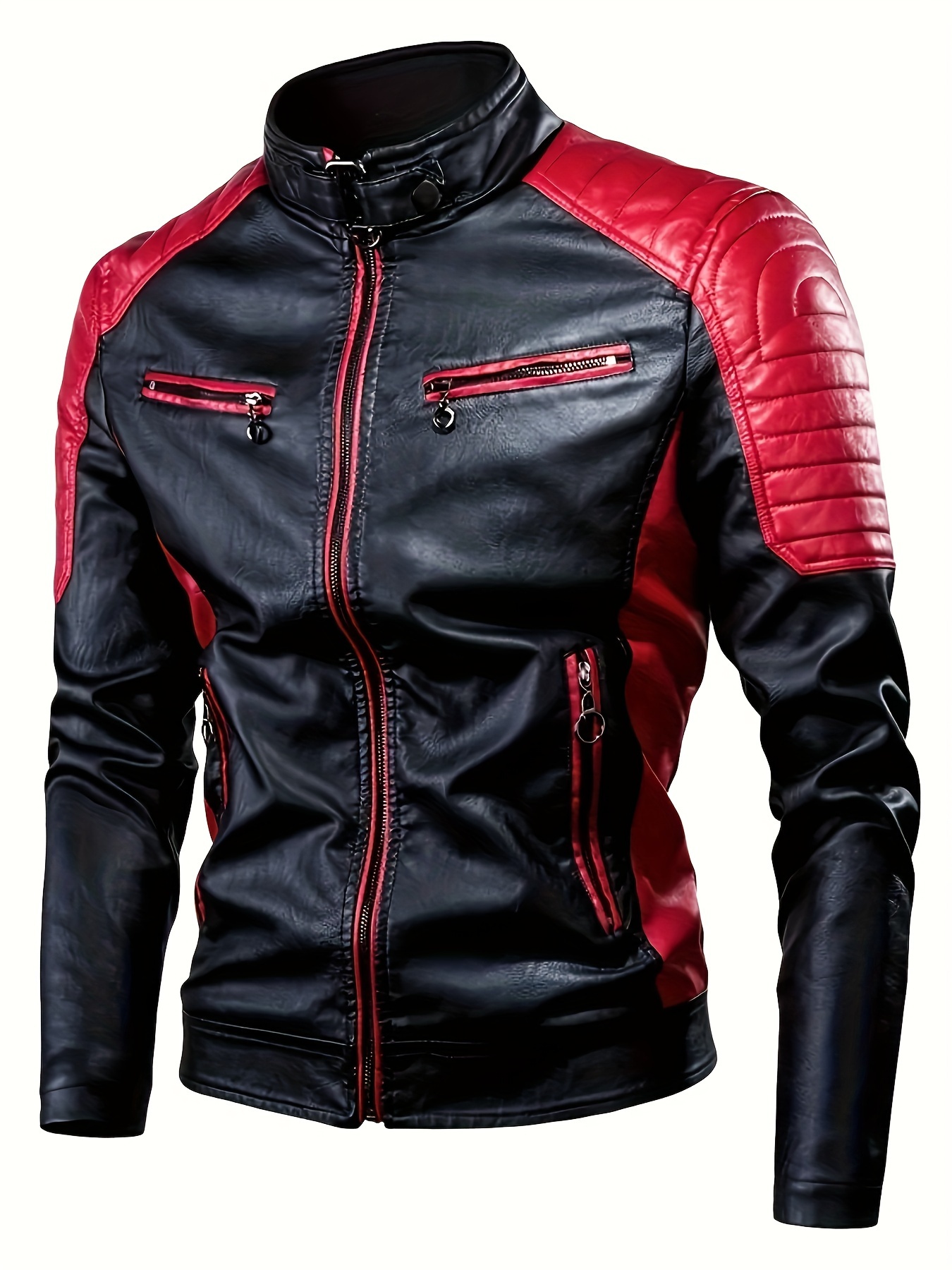 mens color block pu leather jacket casual stand collar zip up motorcycle jacket for outdoor riding 0