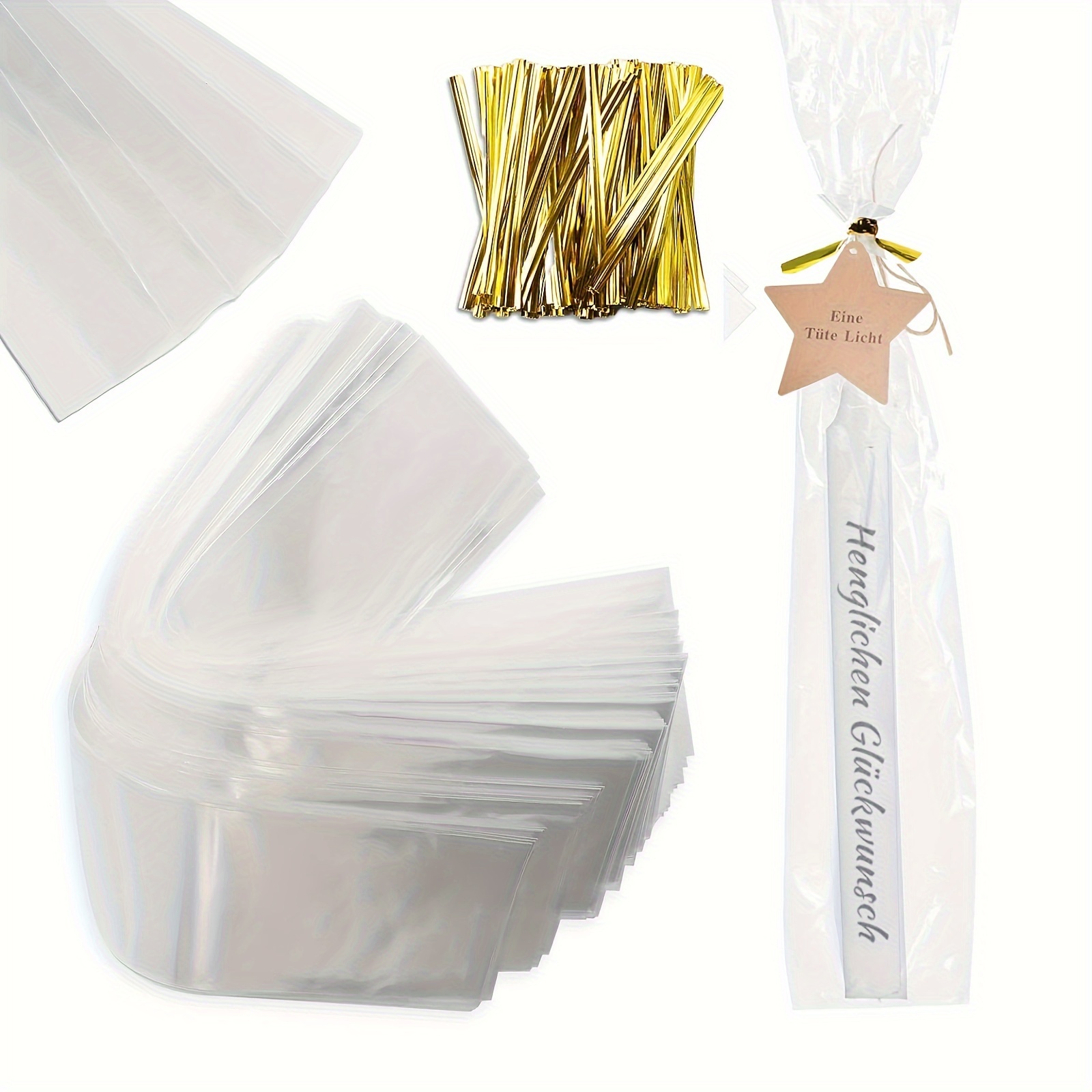 

100pcs Clear Bags For Candles Clear Long Cello Cellophane Treat Bags With 100pcs Metallic Twist Ties For Christmas Birthday Party Valentine's Day Wedding Gifts