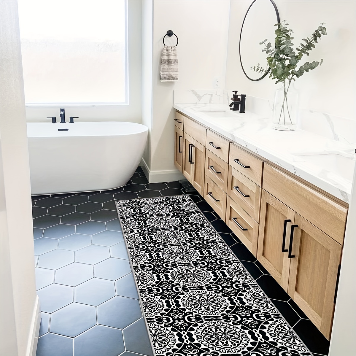 Boho Geometric Pattern Long Bathroom Mat, Hallway Rug Runner Bath