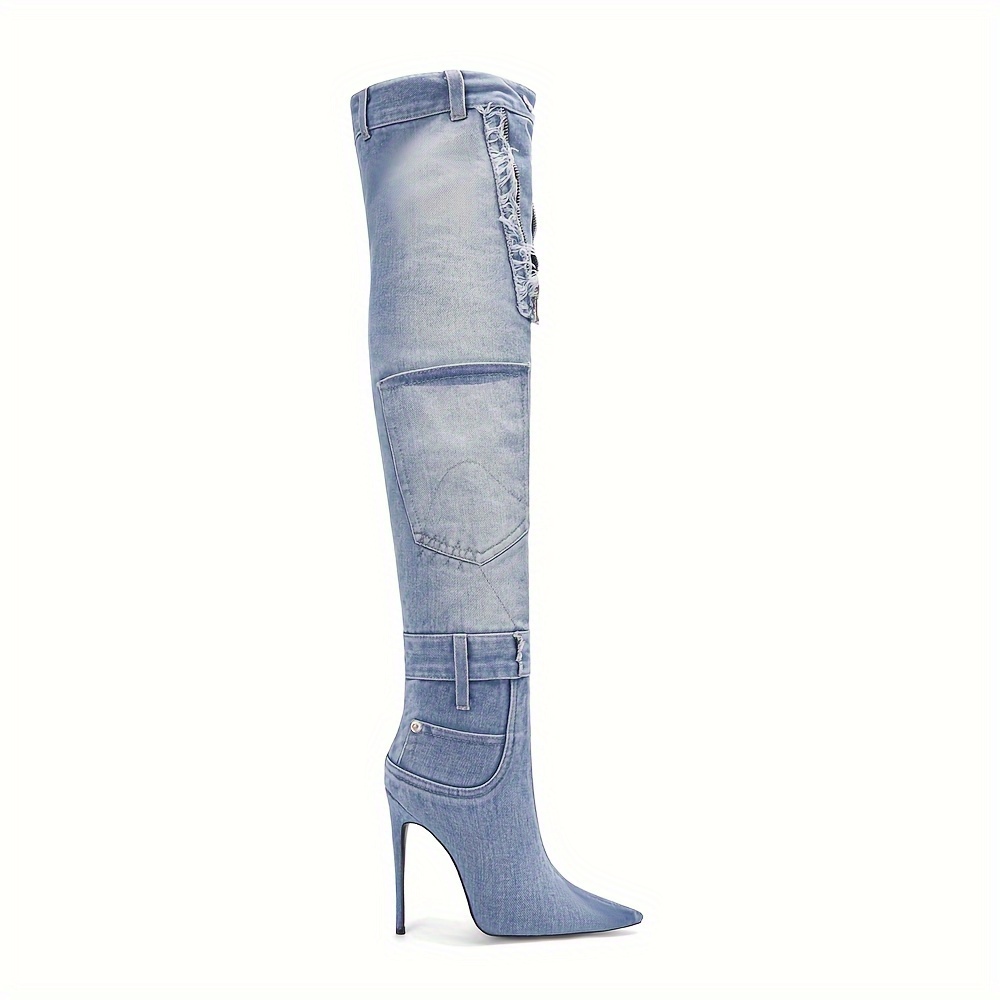 high heeled knee boots women s pointed toe stiletto denim details 2