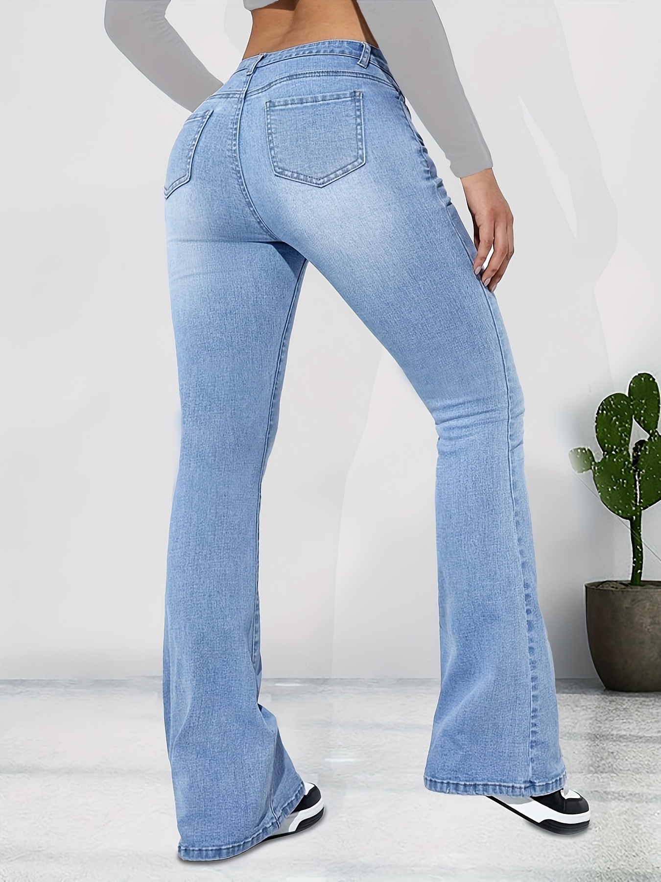 Blue High Stretch Flare Jeans, Slim Fit Slant Pockets Versatile Bell Bottom  Jeans, Women's Denim Jeans & Clothing