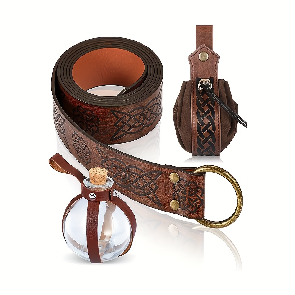5 piezas de accesorios renacentistas de Halloween, cinturón vikingo  medieval en relieve, bolsa de cinturón con hebilla, brazos, botella de  poción