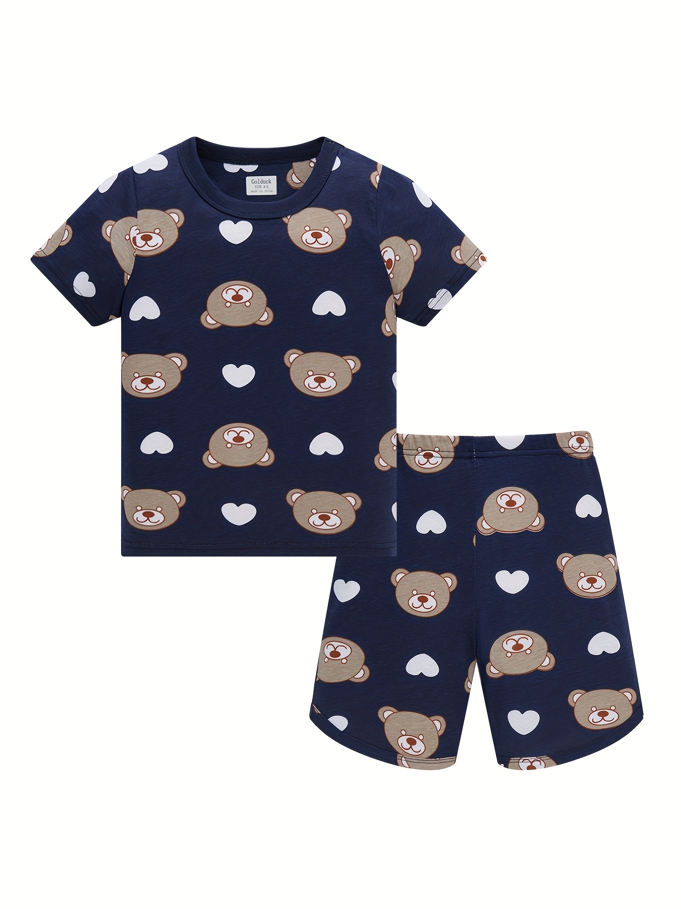 Boys Bear And Heart Cotton Pajamas Set Short Sleeves Tops - Temu