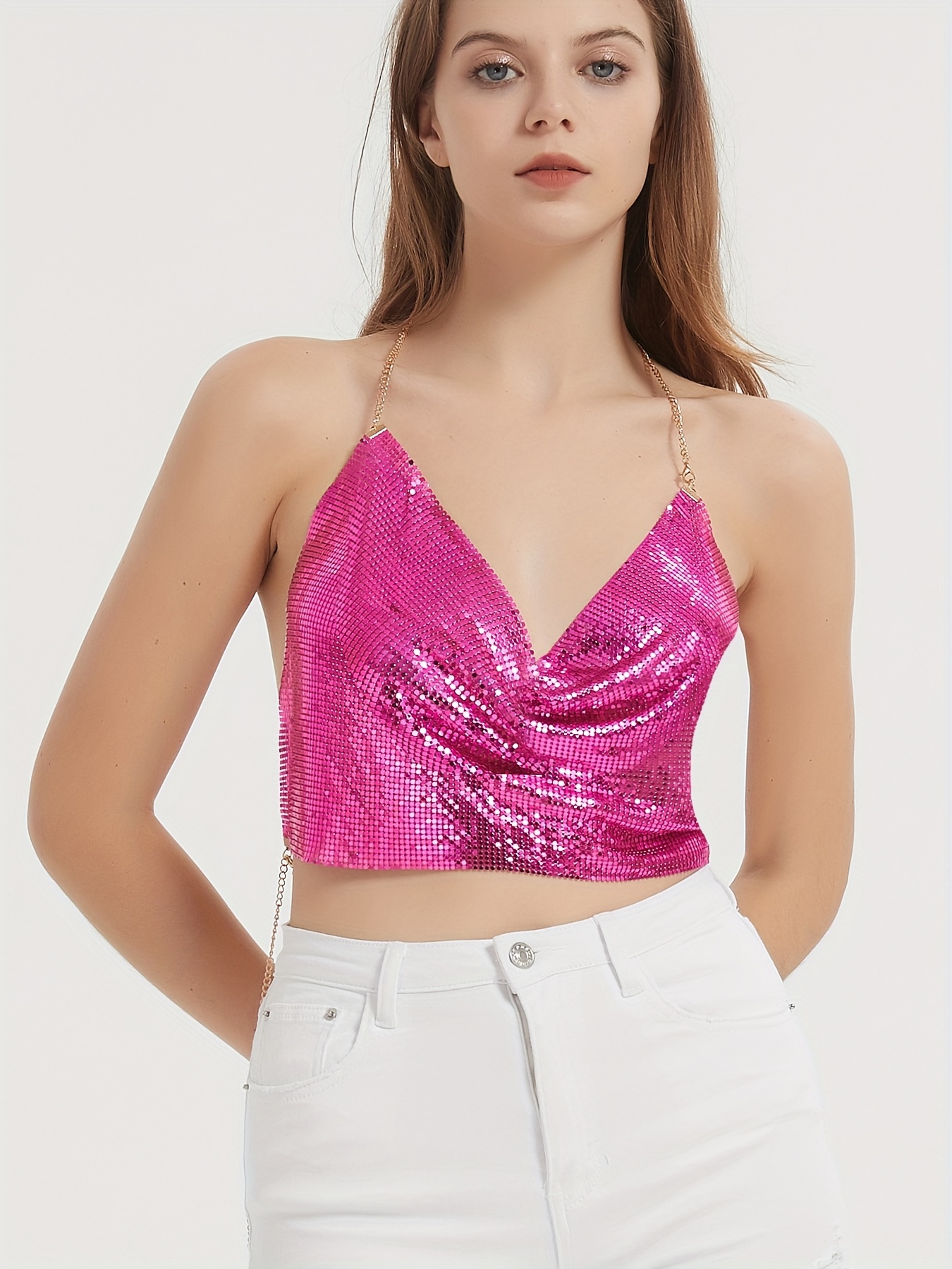 Sequined Halter Neck Top, Vintage Backless Cowl Neck Crop Top For Beach &  Party, Women's Clothing