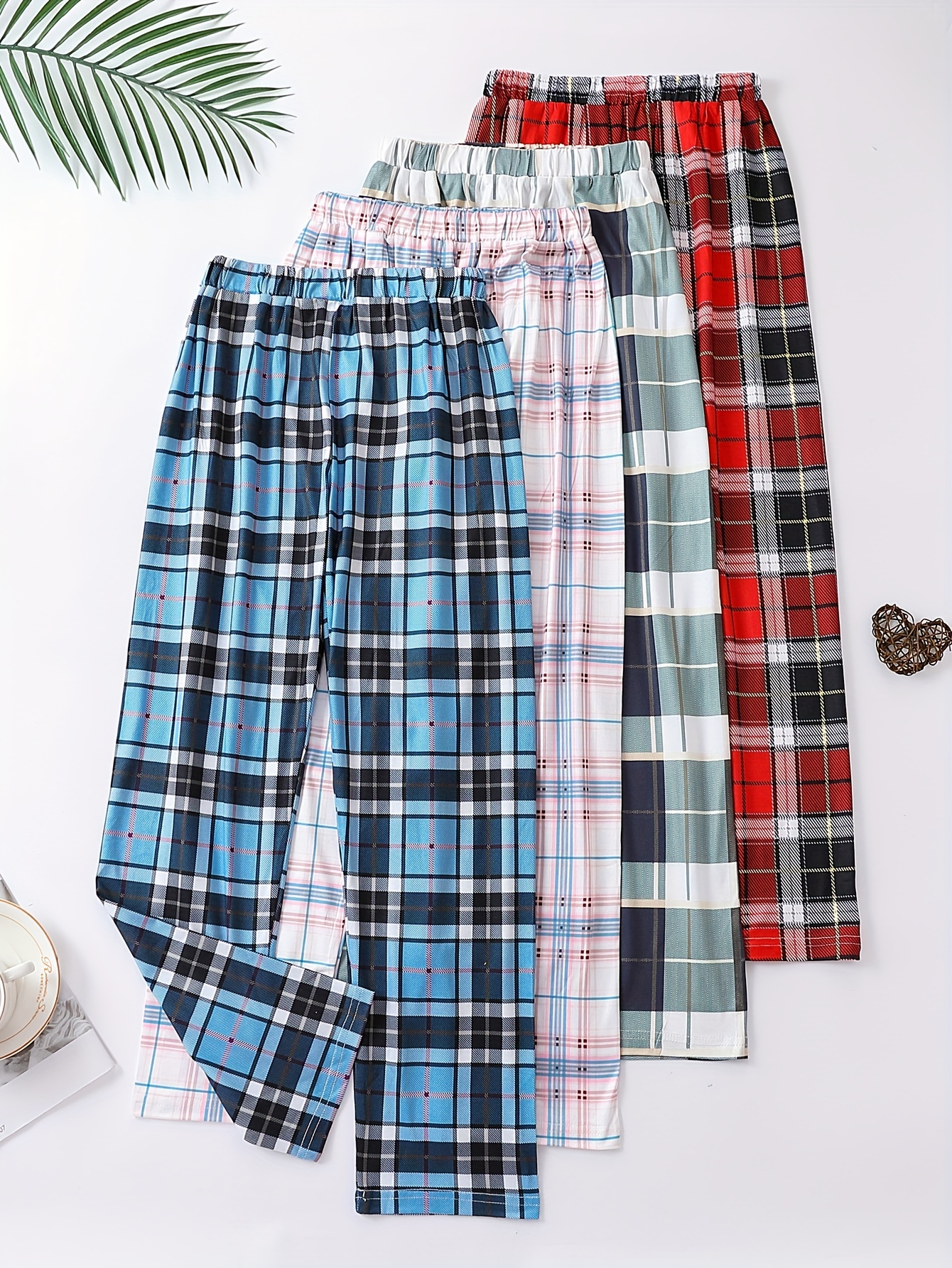 Plaid Fleece Pajama Pants with Elastic Waist - Set of 2