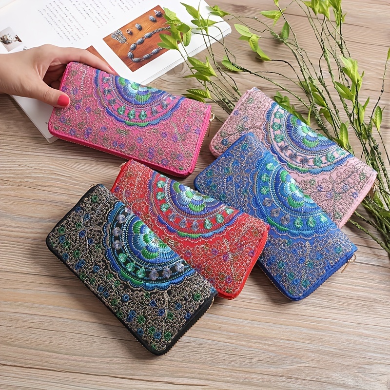 Women's Ethnic Embroidered Long Wallet, Portable Zipper Around Purse,  Causal Coin Purse - Temu